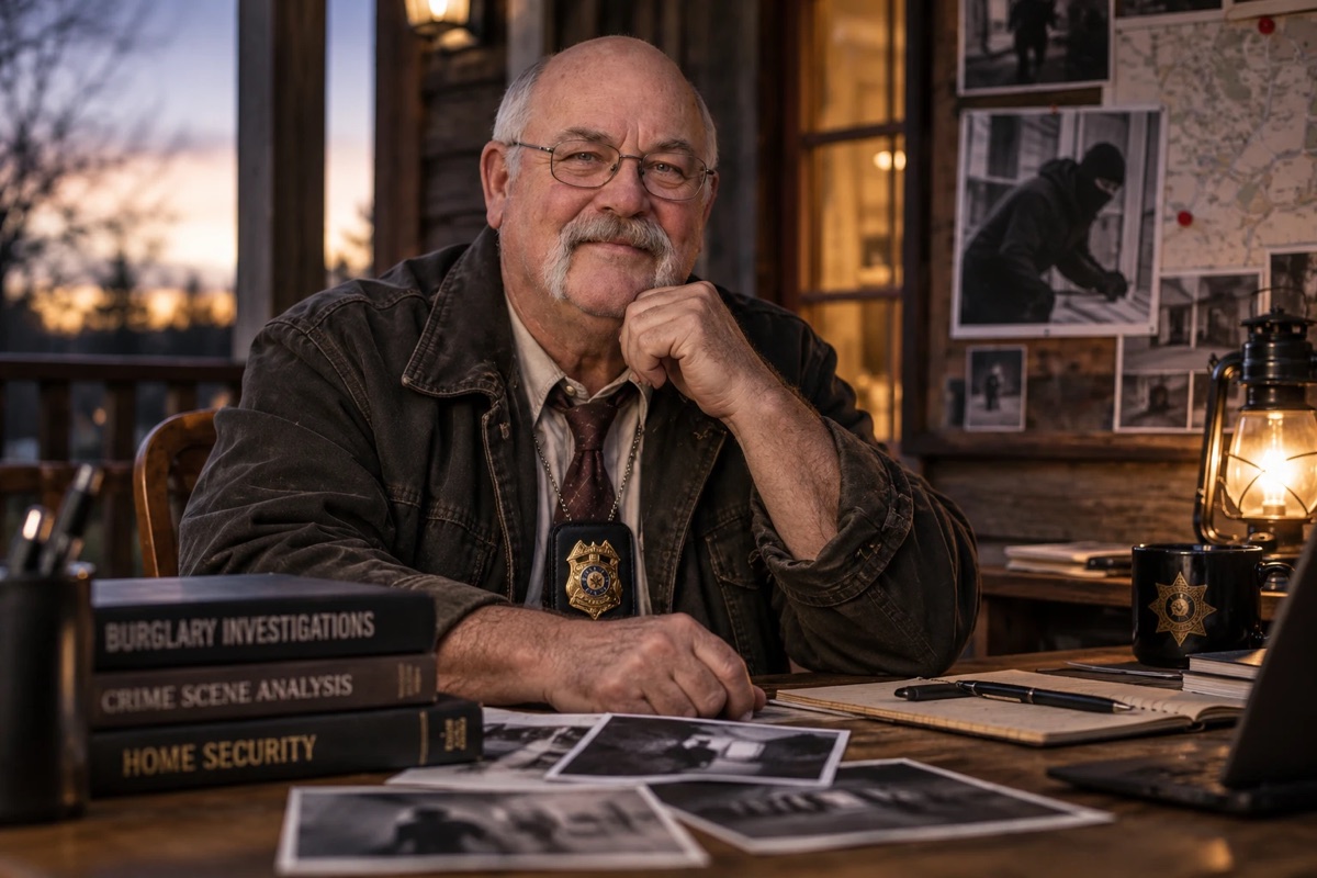 Wes Warns, retired burglary detective, at his desk with case photos